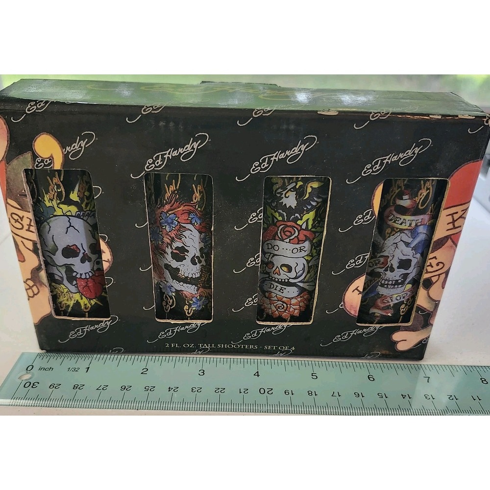 Y2K 4 ED HARDY Designs SKULL SHOT GLASSES / 4 Inch Tall BLACK GLASS